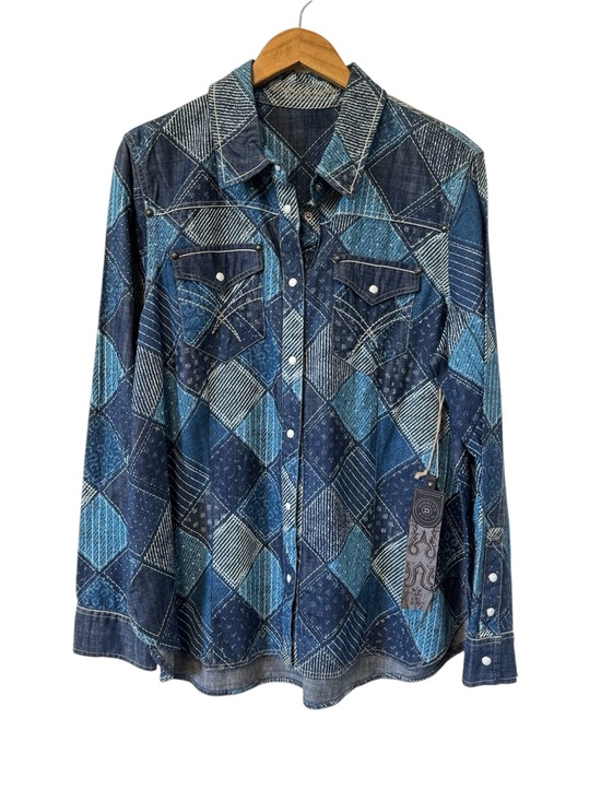 Double D Ranch Tops - Double D Ranch Scrapbag Workshirt Patchwork Denim Shirt Pearl Snap Womens Large